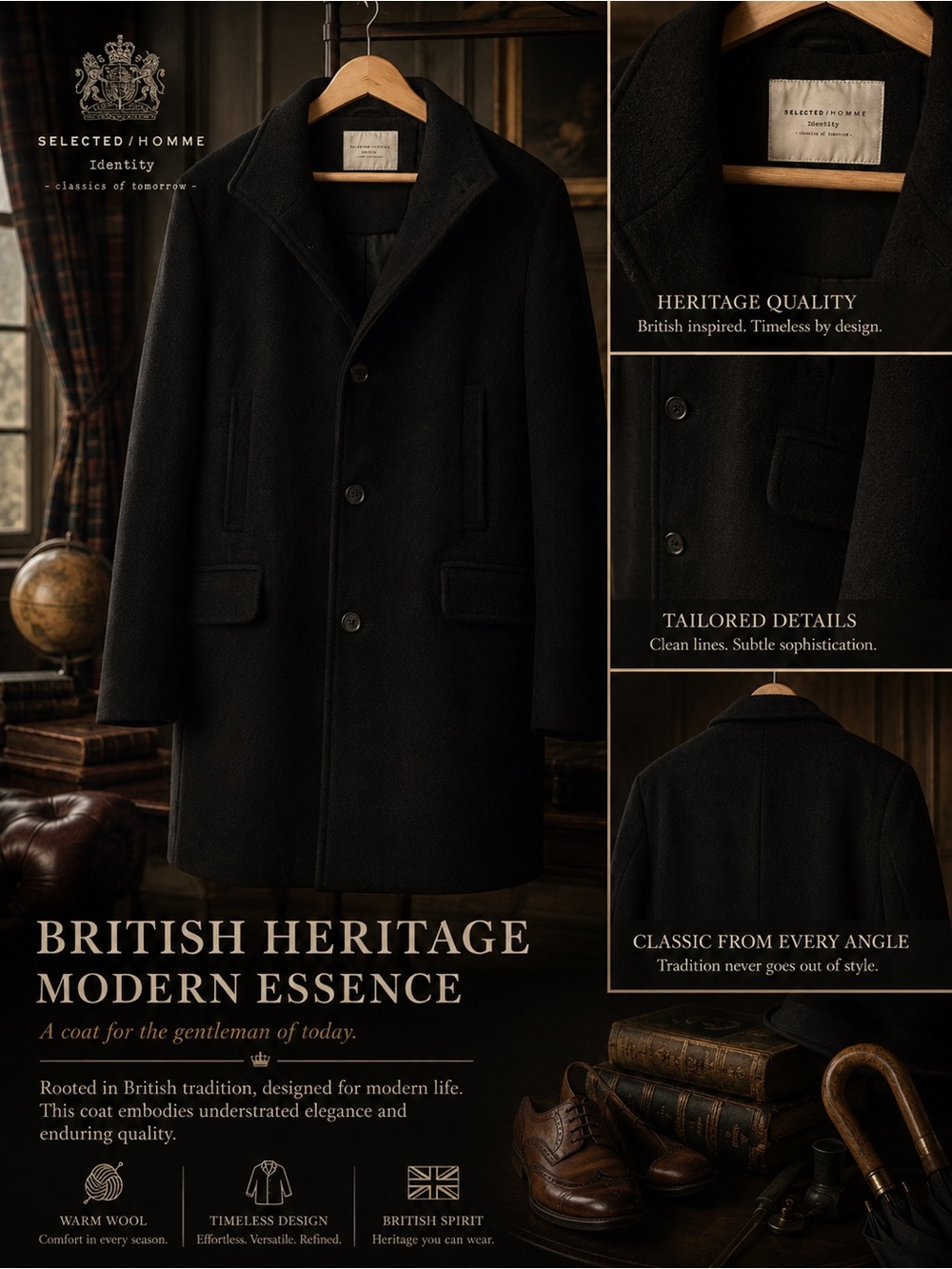 Selected Homme Black Wool Pea Coat